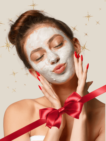 Woman applying a at-home face mask with a red ribbon on a beige background